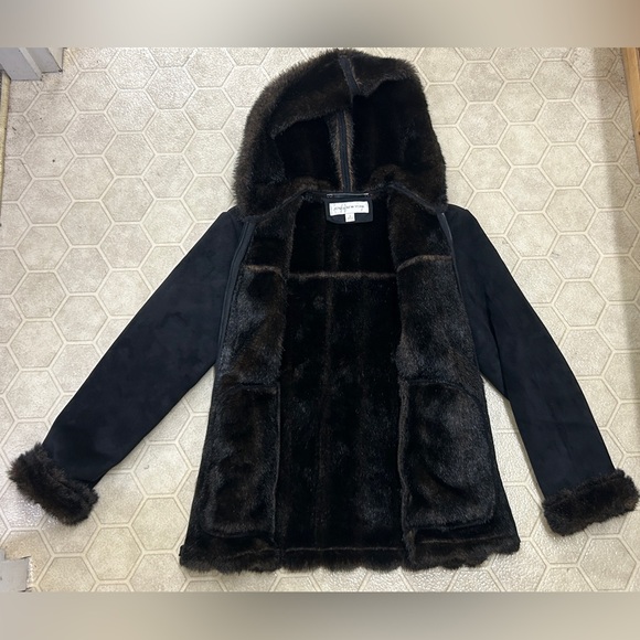 Y2K Vintage Women’s Small Jones New York Faux Suede Faux Fur Hooded Jacket Vegan - Picture 6 of 16